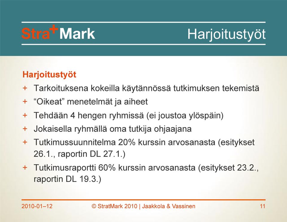 ohjaajana + Tutkimussuunnitelma 20% kurssin arvosanasta (esitykset 26.1.