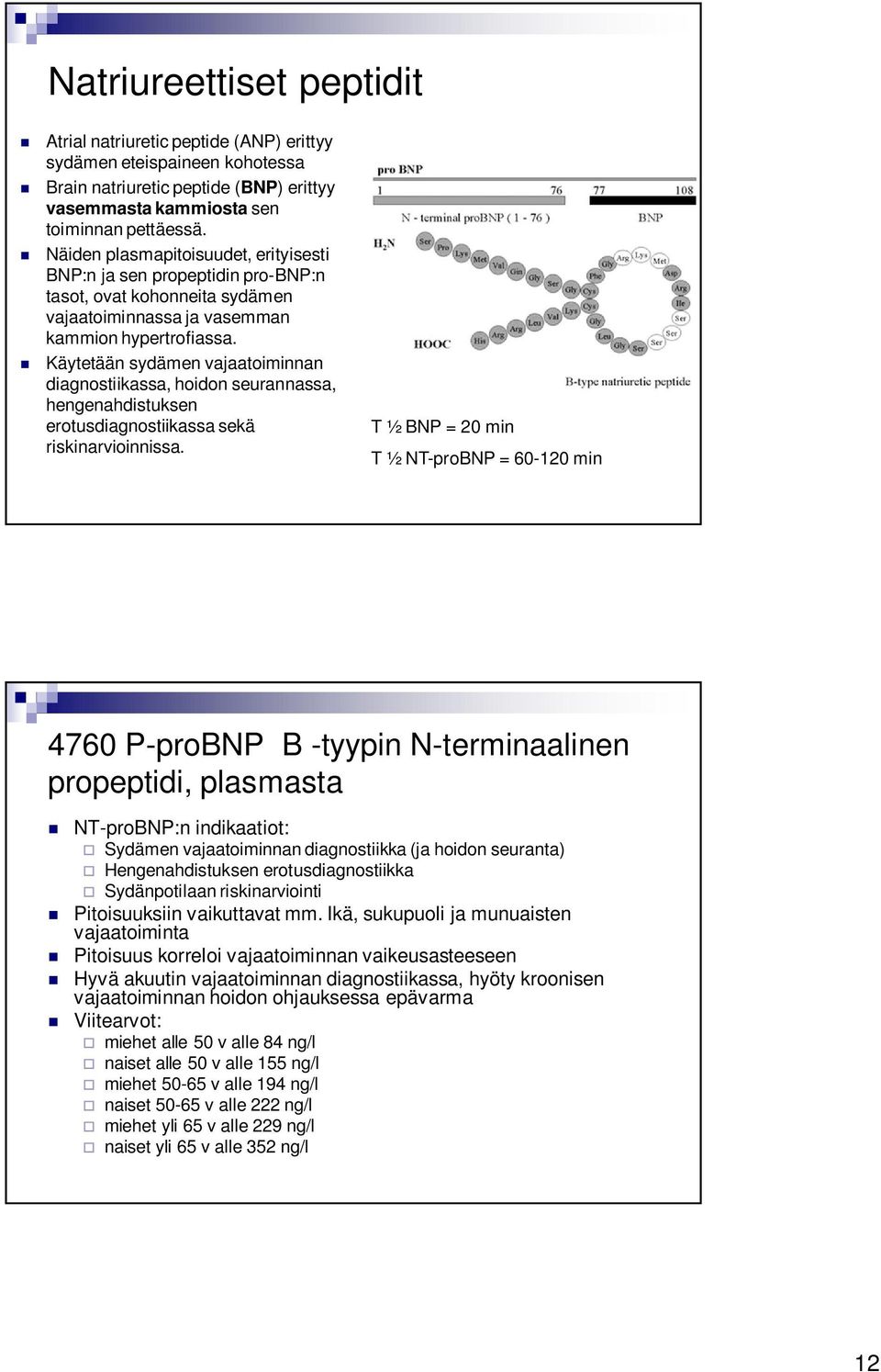 Käytetään sydämen vajaatoiminnan diagnostiikassa, hoidon seurannassa, hengenahdistuksen erotusdiagnostiikassa sekä riskinarvioinnissa.