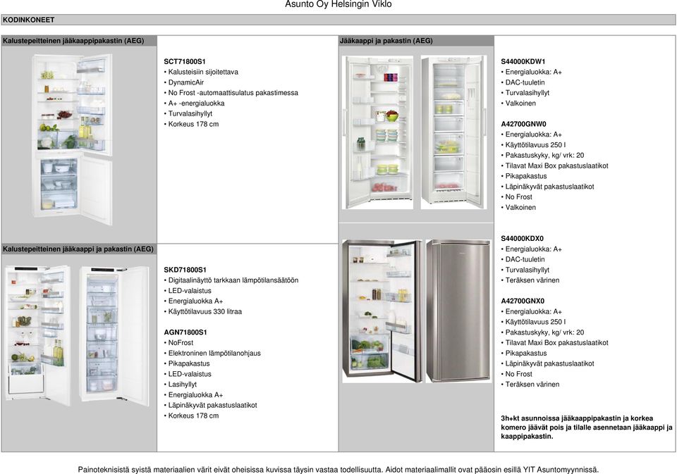 Pikapakastus Läpinäkyvät pakastuslaatikot No Frost Valkoinen S44000KDX0 Kalustepeitteinen jääkaappi ja pakastin (AEG) Energialuokka: A+ SKD71800S1 Digitaalinäyttö tarkkaan lämpötilansäätöön
