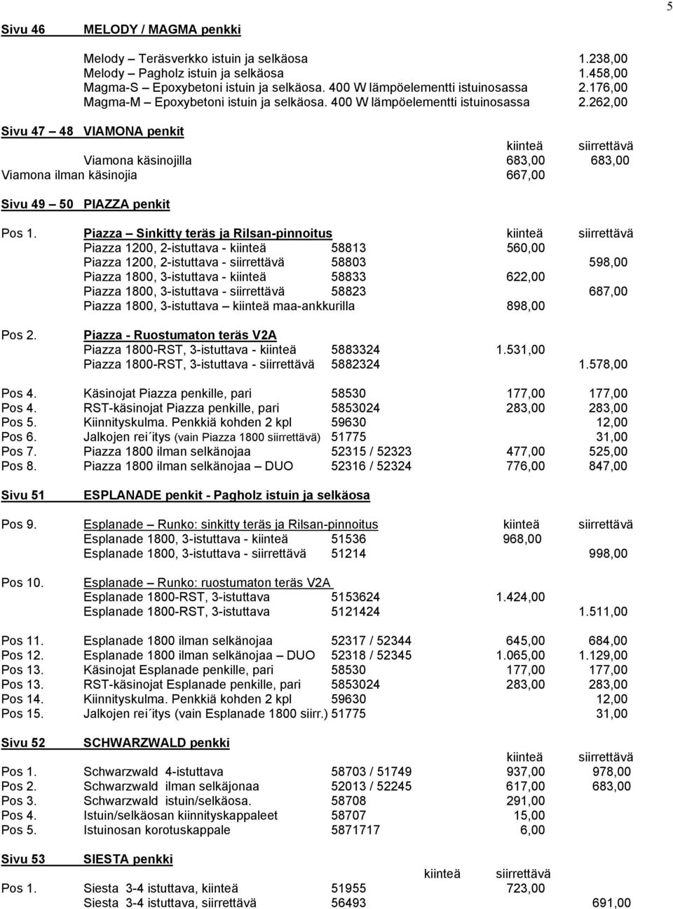 262,00 Sivu 47 48 VIAMONA penkit Viamona käsinojilla 683,00 683,00 Viamona ilman käsinojia 667,00 Sivu 49 50 PIAZZA penkit Pos 1.