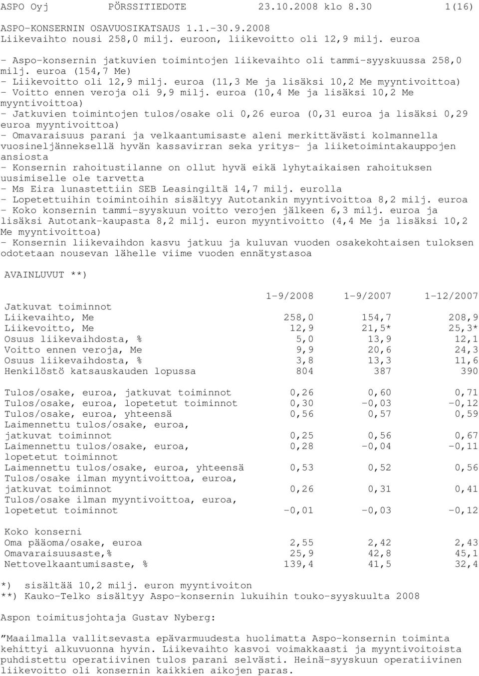 euroa (11,3 Me ja lisäksi 10,2 Me myyntivoittoa) - Voitto ennen veroja oli 9,9 milj.