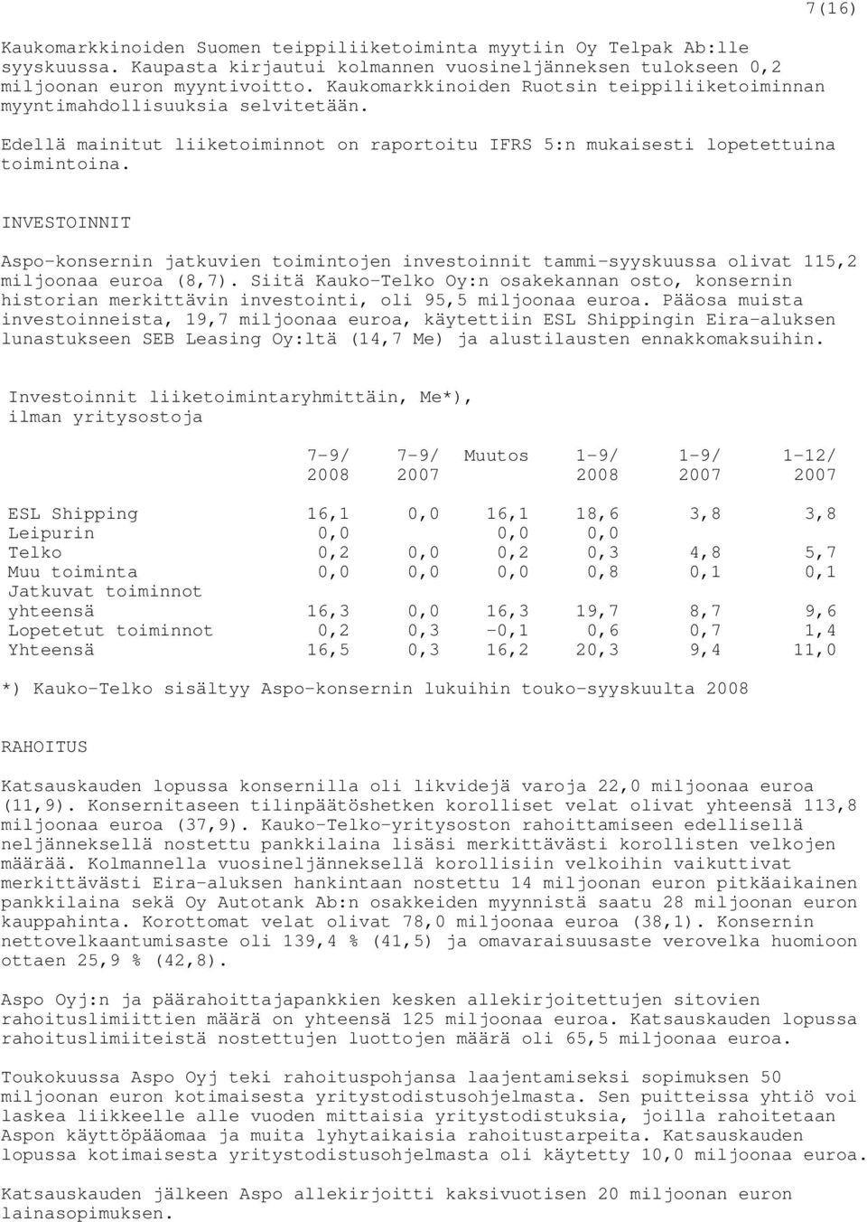 7(16) INVESTOINNIT Aspo-konsernin jatkuvien toimintojen investoinnit tammi-syyskuussa olivat 115,2 miljoonaa euroa (8,7).