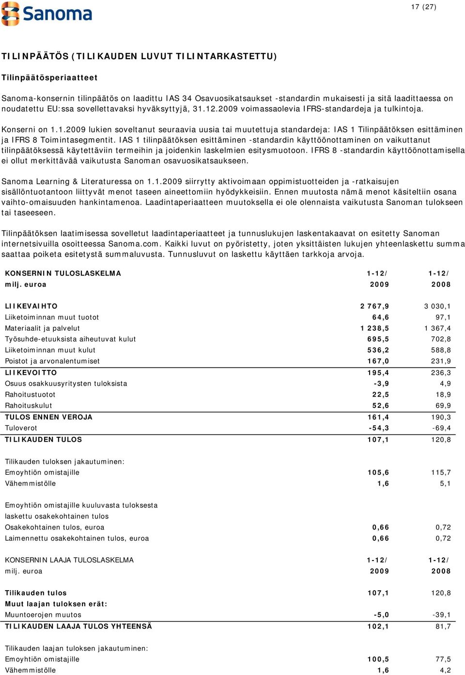 IAS 1 tilinpäätöksen esittäminen -standardin käyttöönottaminen on vaikuttanut tilinpäätöksessä käytettäviin termeihin ja joidenkin laskelmien esitysmuotoon.