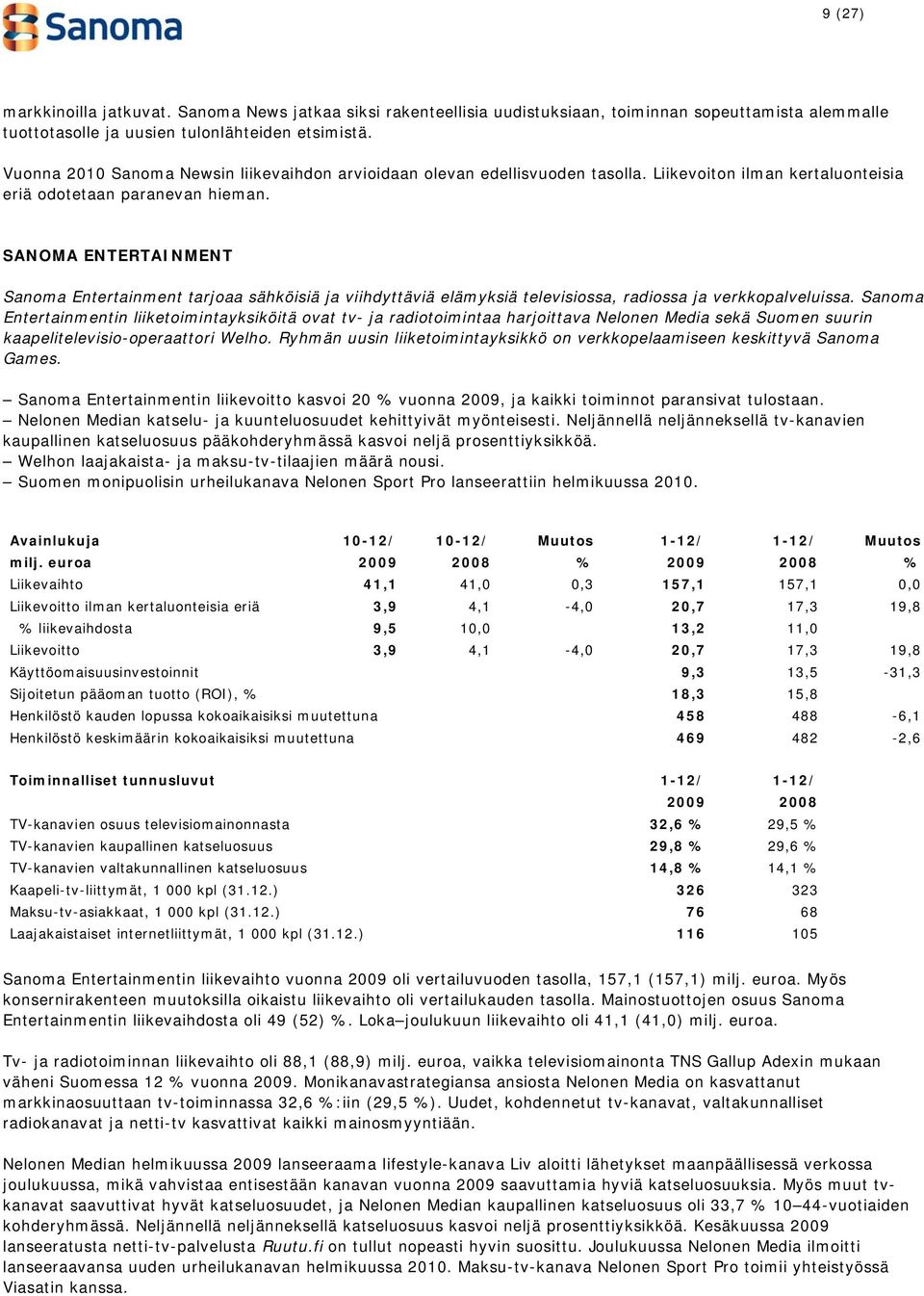 SANOMA ENTERTAINMENT Sanoma Entertainment tarjoaa sähköisiä ja viihdyttäviä elämyksiä televisiossa, radiossa ja verkkopalveluissa.