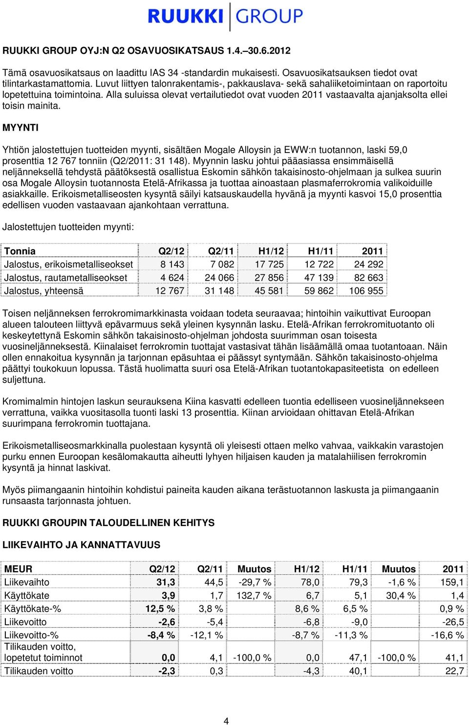 Alla suluissa olevat vertailutiedot ovat vuoden 2011 vastaavalta ajanjaksolta ellei toisin mainita.