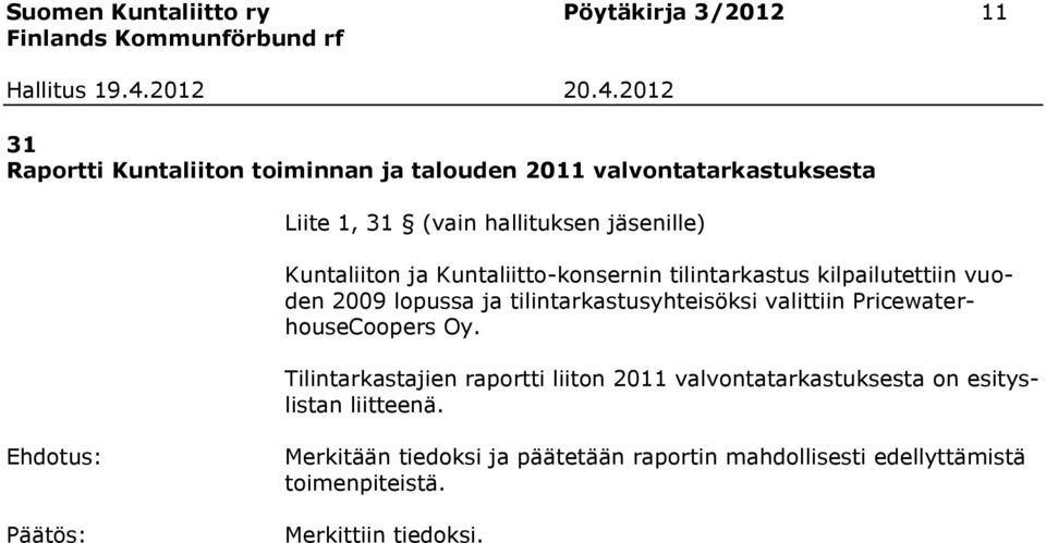 tilintarkastusyhteisöksi valittiin PricewaterhouseCoopers Oy.