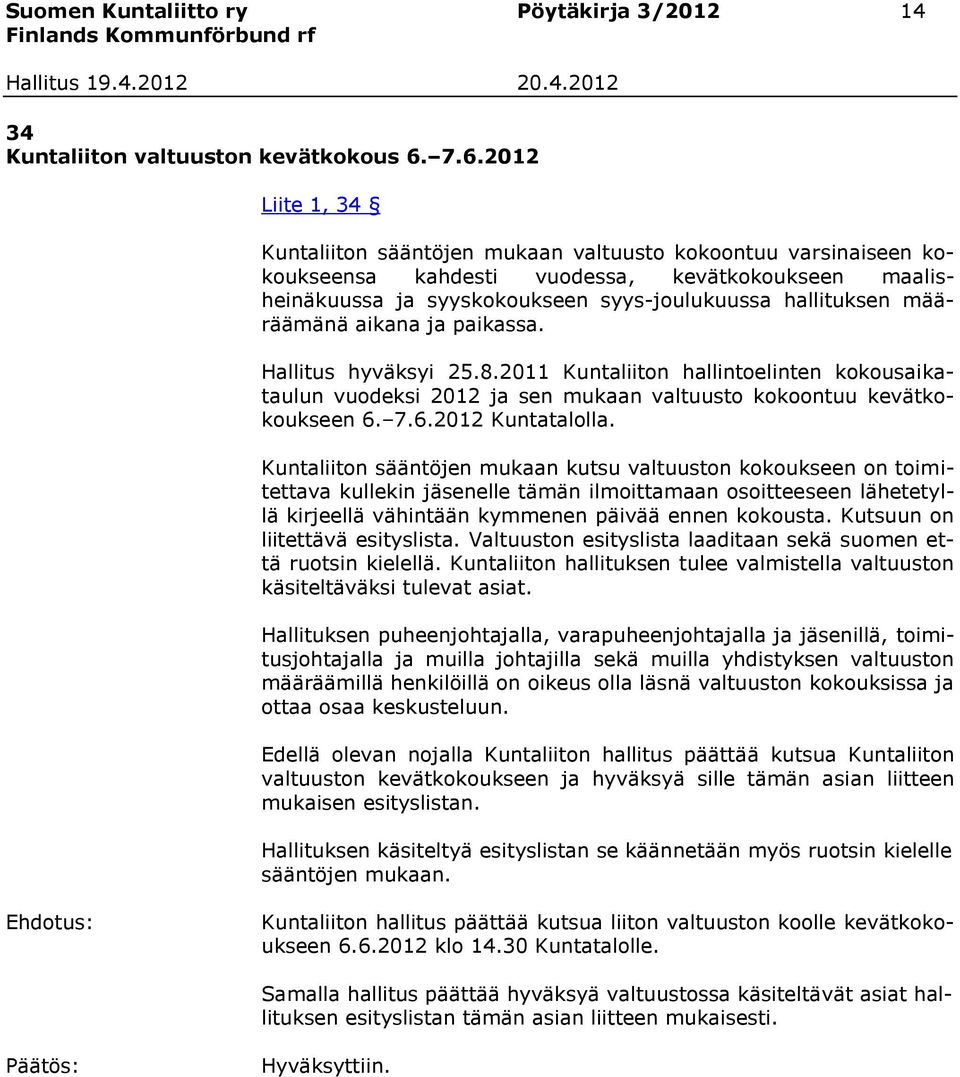 määräämänä aikana ja paikassa. Hallitus hyväksyi 25.8.2011 Kuntaliiton hallintoelinten kokousaikataulun vuodeksi 2012 ja sen mukaan valtuusto kokoontuu kevätkokoukseen 6. 7.6.2012 Kuntatalolla.