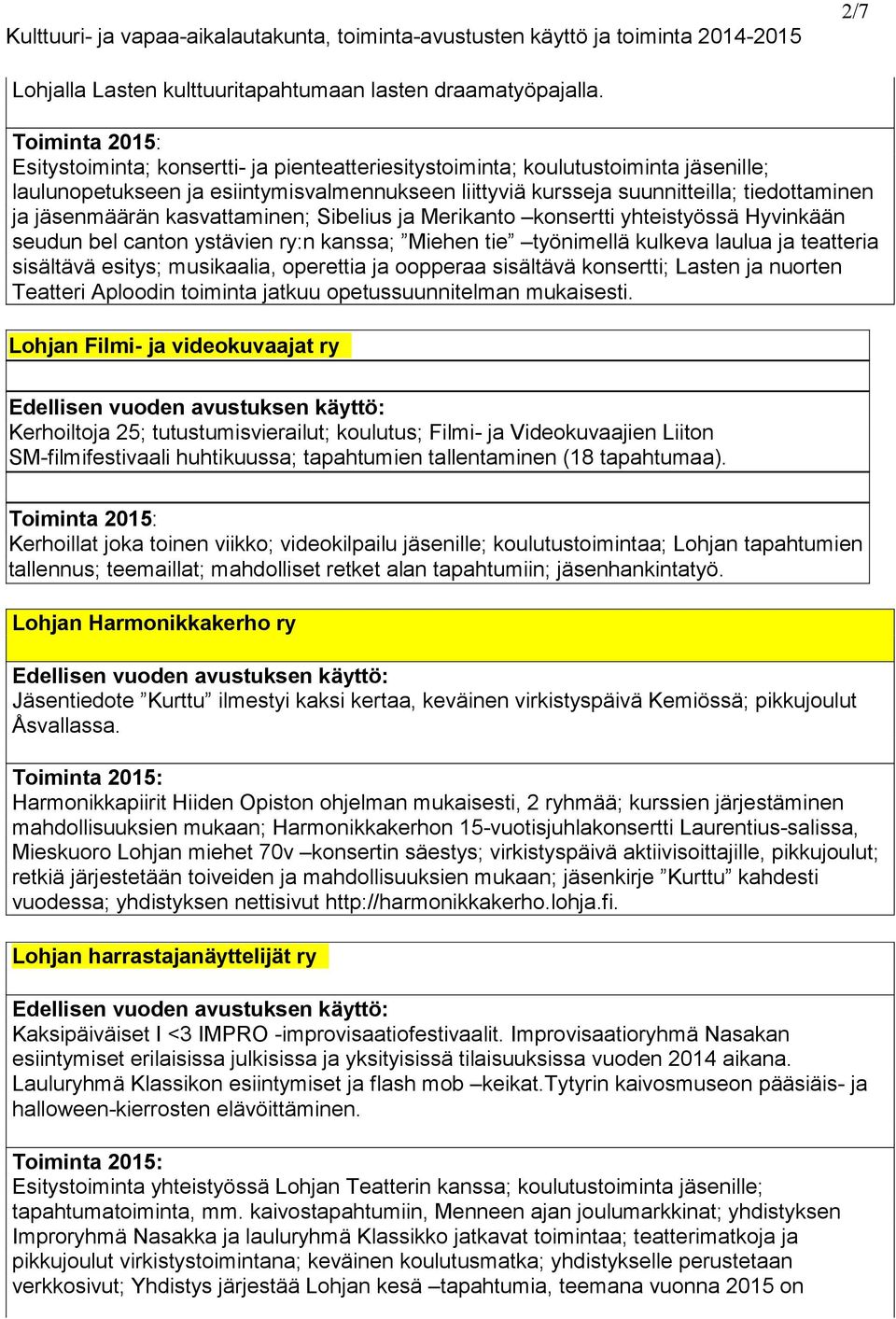 kasvattaminen; Sibelius ja Merikanto konsertti yhteistyössä Hyvinkään seudun bel canton ystävien ry:n kanssa; Miehen tie työnimellä kulkeva laulua ja teatteria sisältävä esitys; musikaalia, operettia