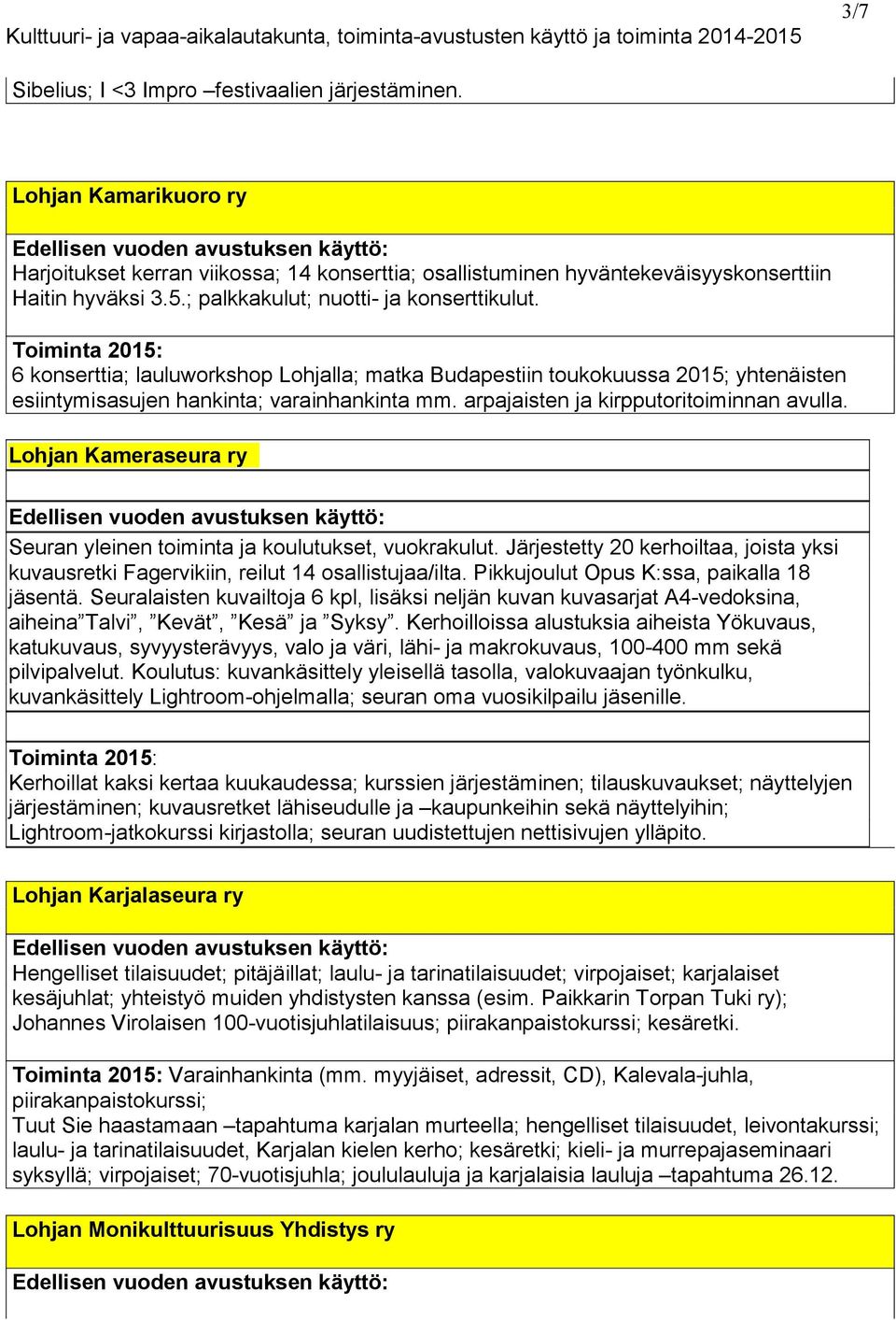 arpajaisten ja kirpputoritoiminnan avulla. Lohjan Kameraseura ry Seuran yleinen toiminta ja koulutukset, vuokrakulut.