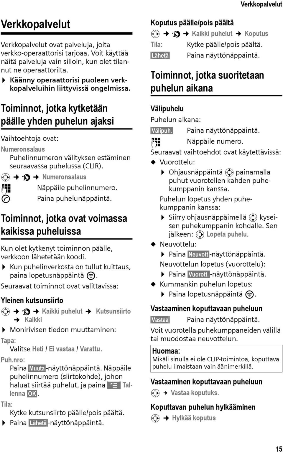 Toiminnot, jotka kytketään päälle yhden puhelun ajaksi Vaihtoehtoja ovat: Numeronsalaus Puhelinnumeron välityksen estäminen seuraavassa puhelussa (CLIR). v ê Numeronsalaus ~ Näppäile puhelinnumero.