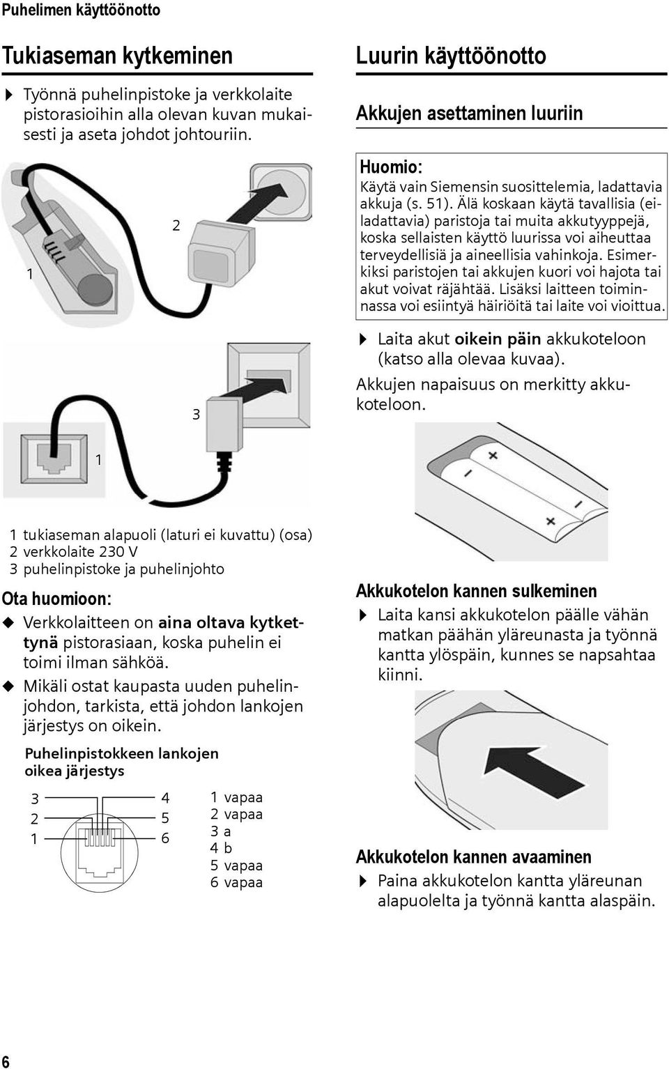 Älä koskaan käytä tavallisia (eiladattavia) paristoja tai muita akkutyyppejä, koska sellaisten käyttö luurissa voi aiheuttaa terveydellisiä ja aineellisia vahinkoja.