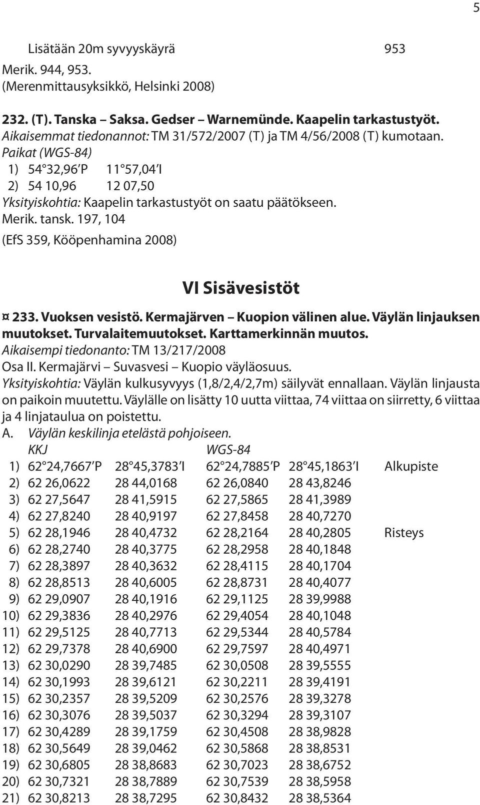 Merik. tansk. 197, 104 (EfS 359, Kööpenhamina 2008) VI Sisävesistöt 233. Vuoksen vesistö. Kermajärven Kuopion välinen alue. Väylän linjauksen muutokset. Turvalaitemuutokset. Karttamerkinnän muutos.