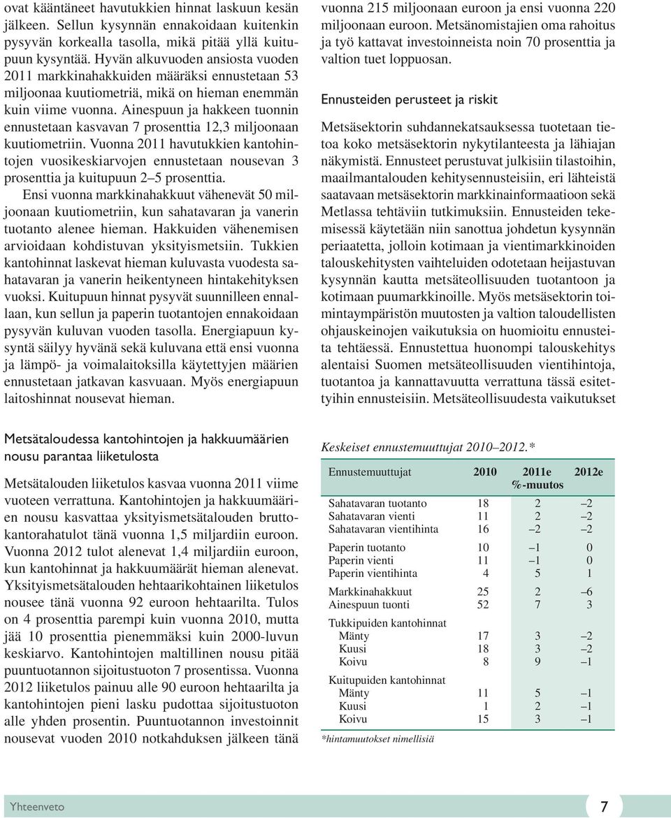 Ainespuun ja hakkeen tuonnin ennustetaan kasvavan 7 prosenttia 12,3 miljoonaan kuutiometriin.