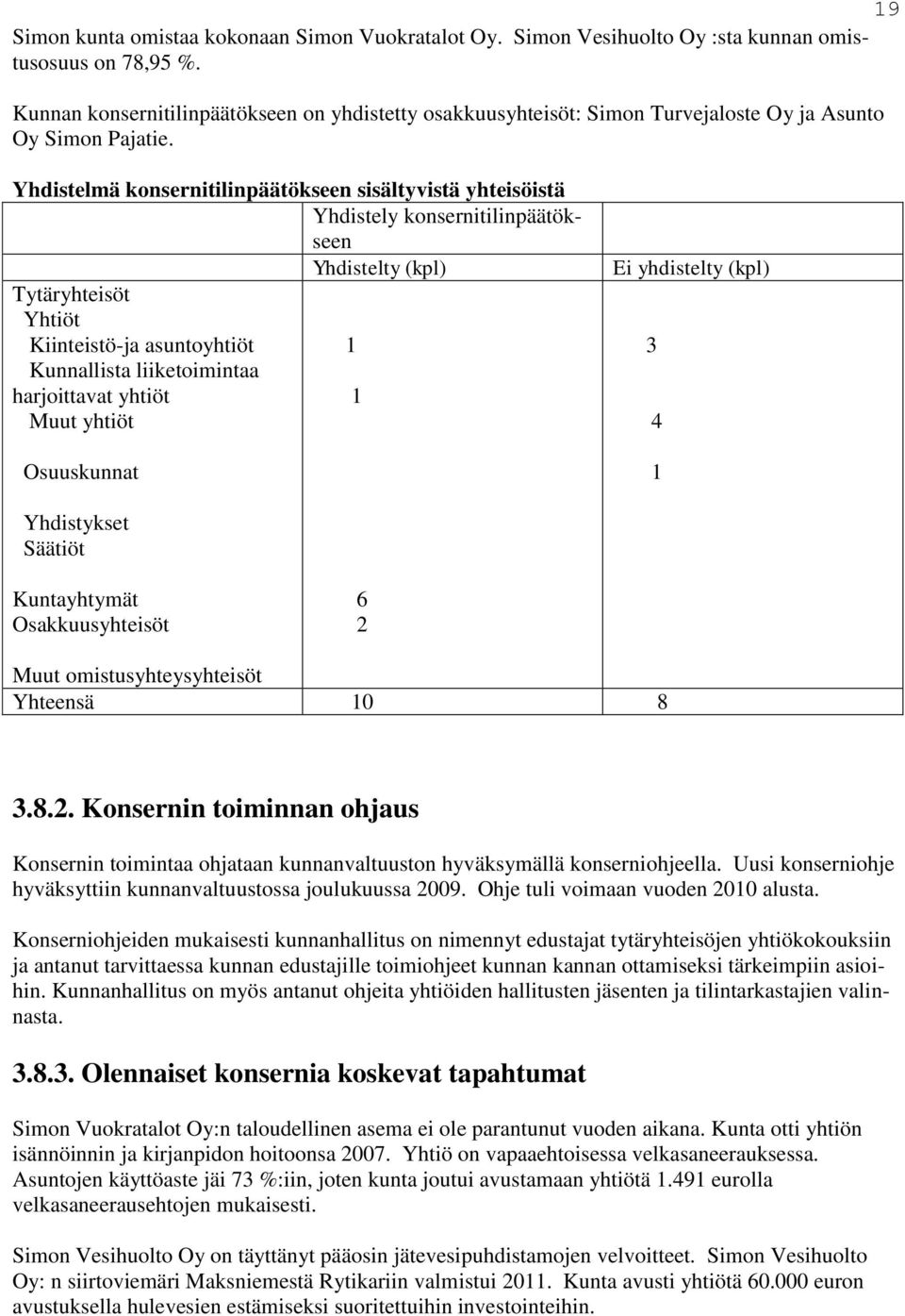 Yhdistelmä konsernitilinpäätökseen sisältyvistä yhteisöistä Yhdistely konsernitilinpäätökseen Yhdistelty (kpl) Tytäryhteisöt Yhtiöt Kiinteistö-ja asuntoyhtiöt 1 Kunnallista liiketoimintaa