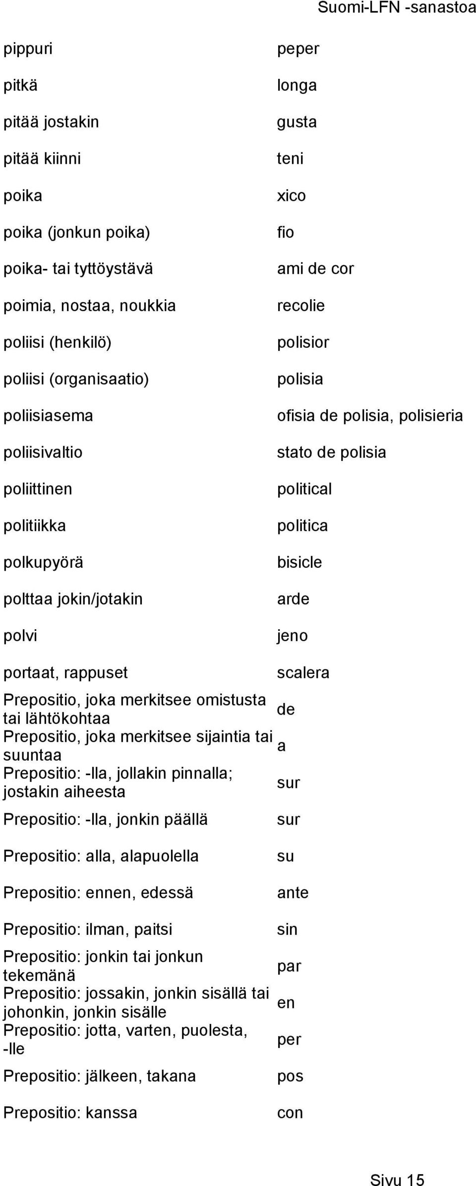 jeno portaat, rappuset Prepositio, joka merkitsee omistusta tai lähtökohtaa Prepositio, joka merkitsee sijaintia tai suuntaa Prepositio: -lla, jollakin pinnalla; jostakin aiheesta Prepositio: -lla,