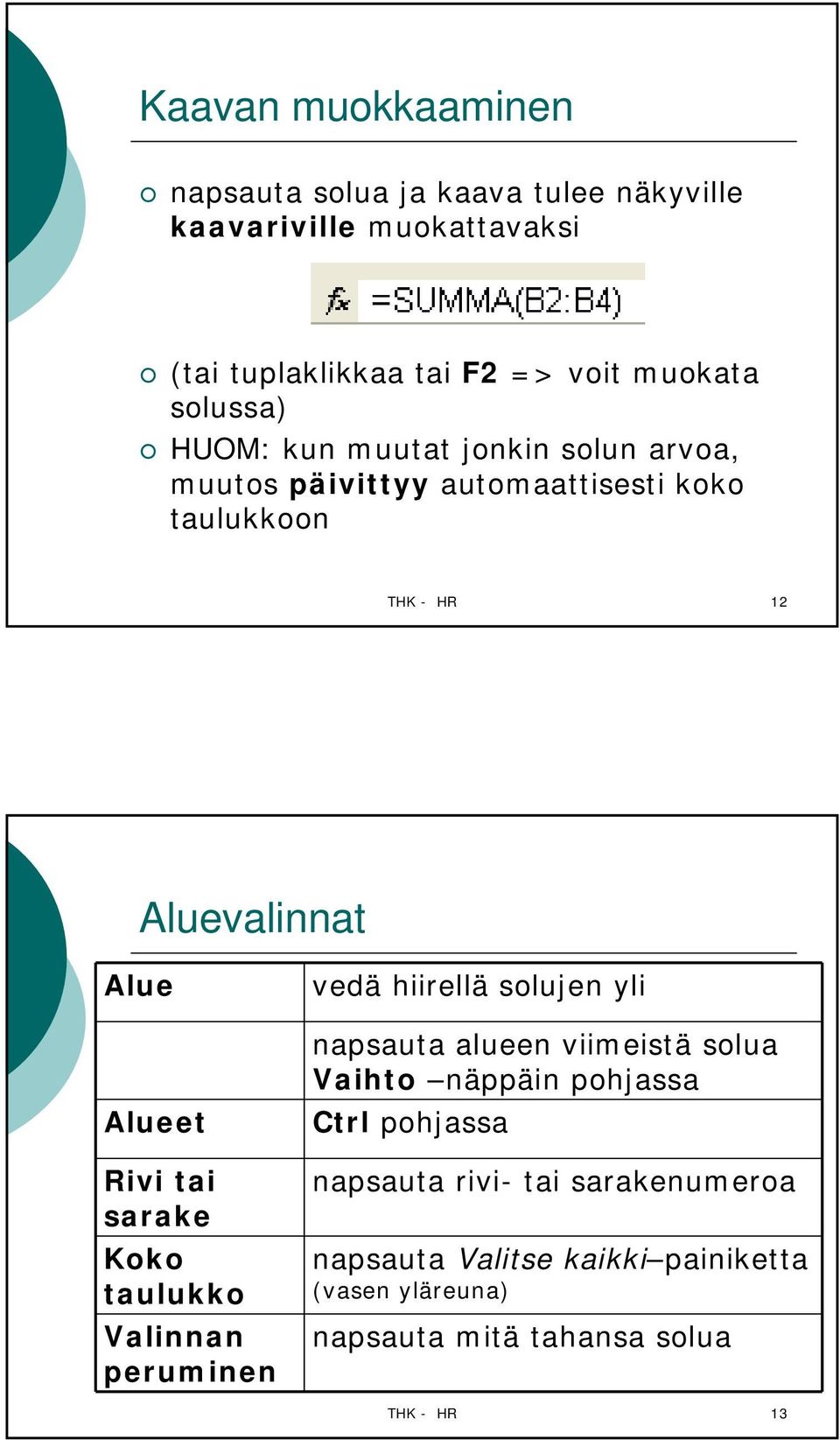 Rivi tai sarake Koko taulukko Valinnan peruminen vedä hiirellä solujen yli napsauta alueen viimeistä solua Vaihto näppäin pohjassa