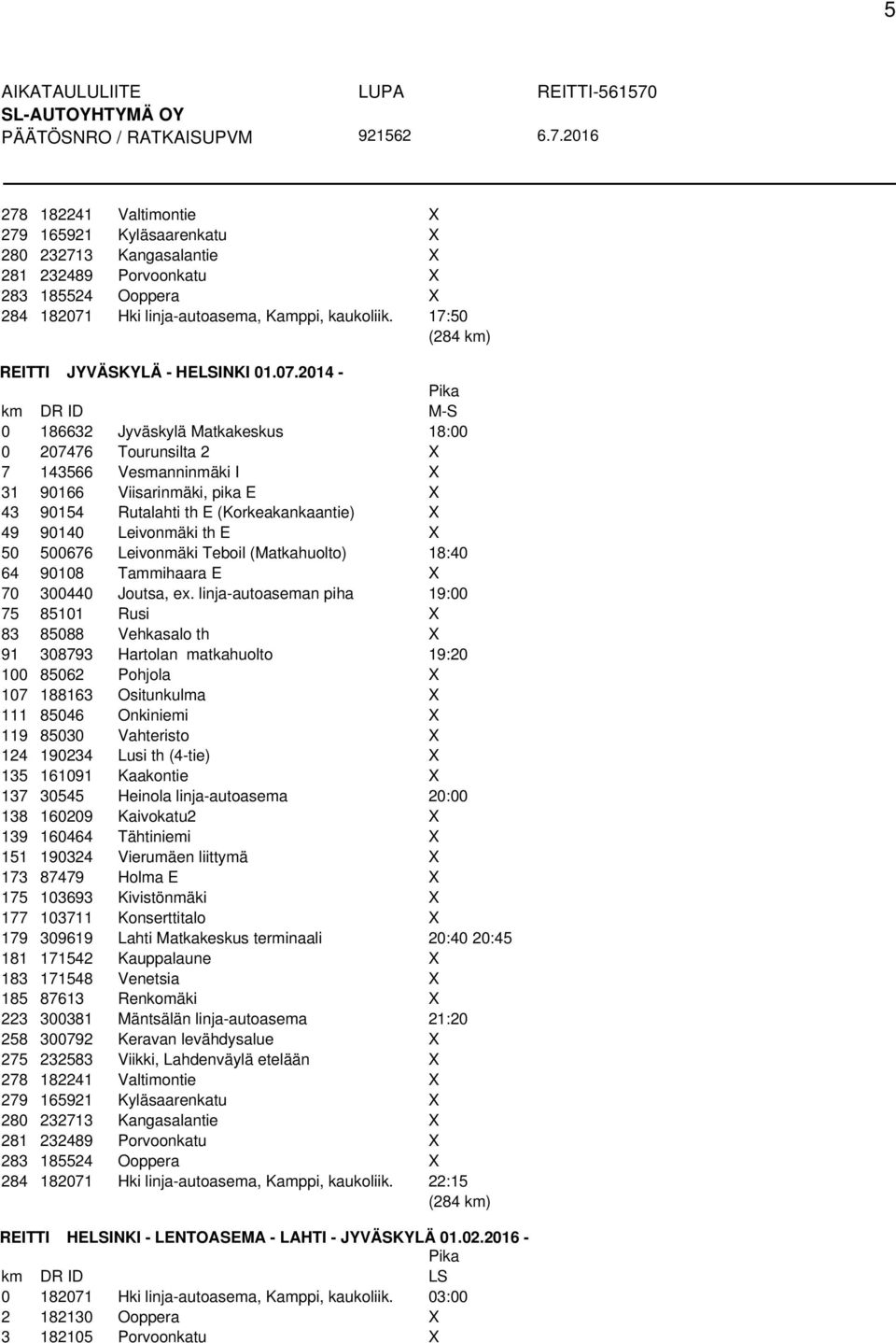 2014 - km DR ID M-S 0 186632 Jyväskylä Matkakeskus 18:00 0 207476 Tourunsilta 2 X 7 143566 Vesmanninmäki I X 31 90166 Viisarinmäki, pika E X 43 90154 Rutalahti th E (Korkeakankaantie) X 49 90140