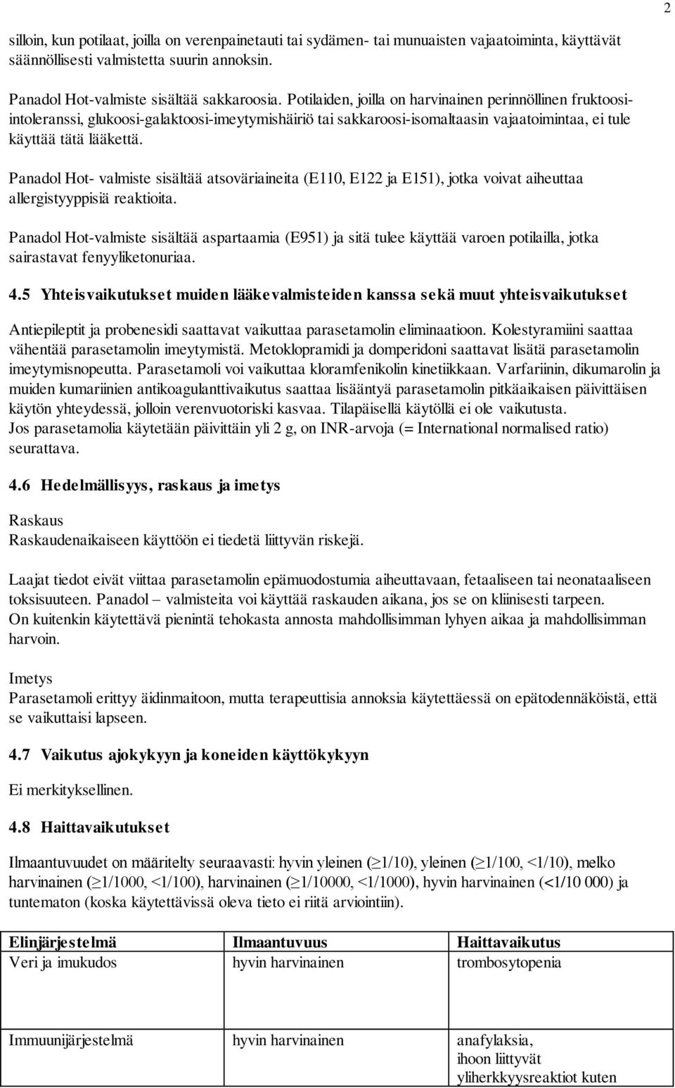 Panadol Hot- valmiste sisältää atsoväriaineita (E110, E122 ja E151), jotka voivat aiheuttaa allergistyyppisiä reaktioita.