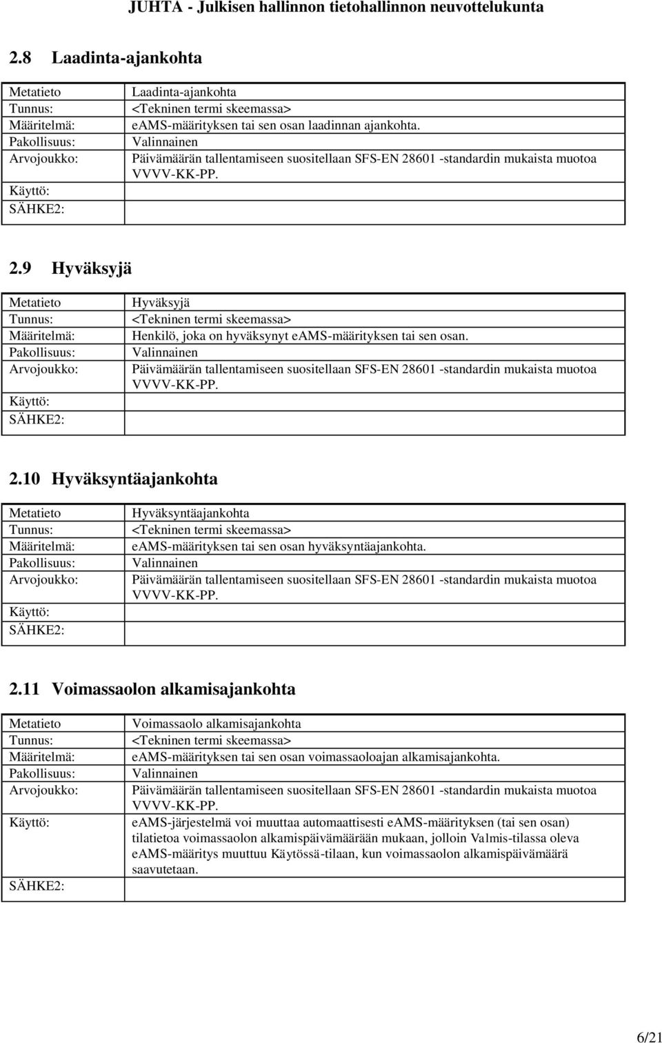 Päivämäärän tallentamiseen suositellaan SFS-EN 28601 -standardin mukaista muotoa VVVV-KK-PP. 2.10 Hyväksyntäajankohta Hyväksyntäajankohta eams-määrityksen tai sen osan hyväksyntäajankohta.