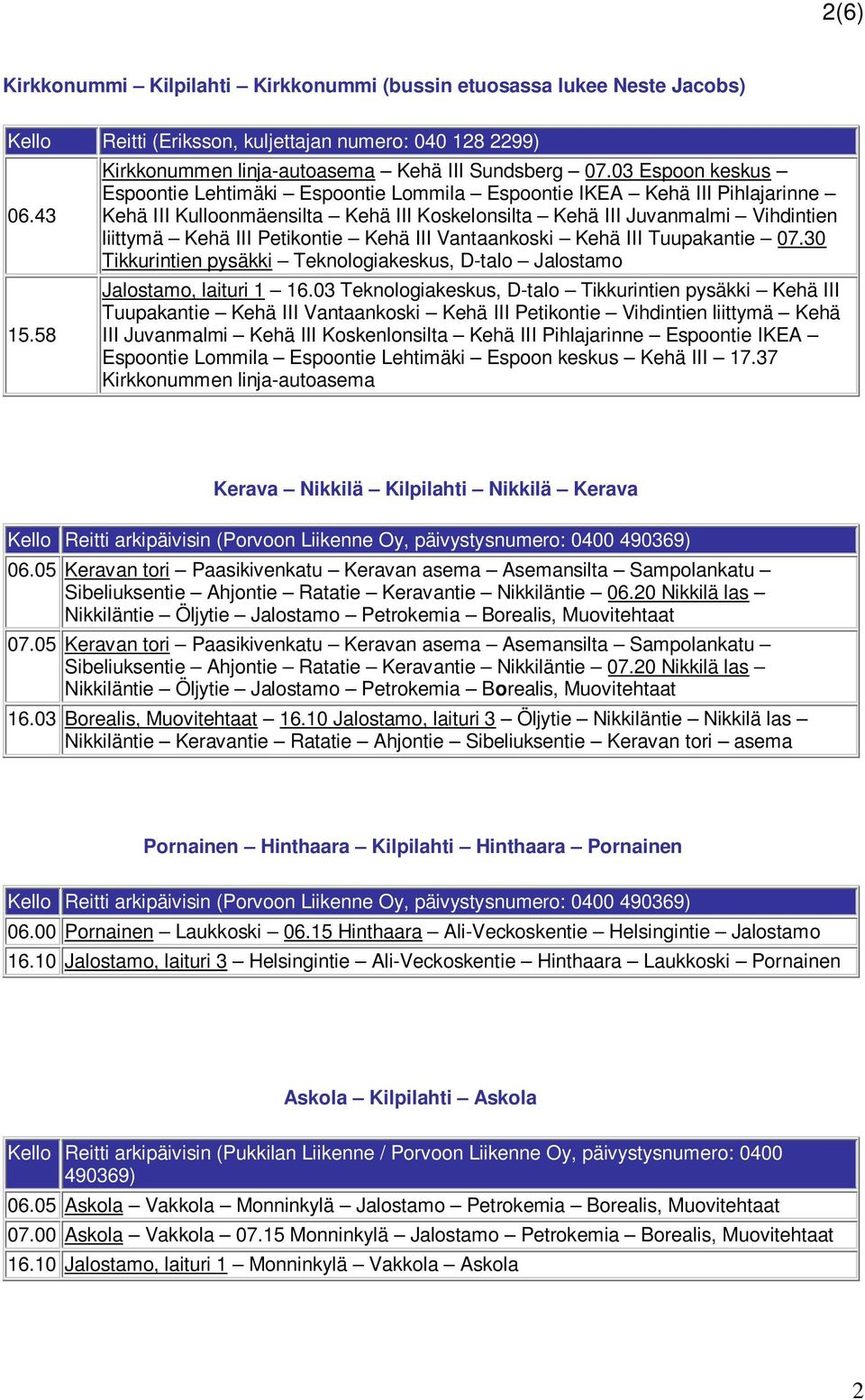 Petikontie Kehä III Vantaankoski Kehä III Tuupakantie 07.30 Tikkurintien pysäkki Teknologiakeskus, D-talo Jalostamo Jalostamo, laituri 1 16.