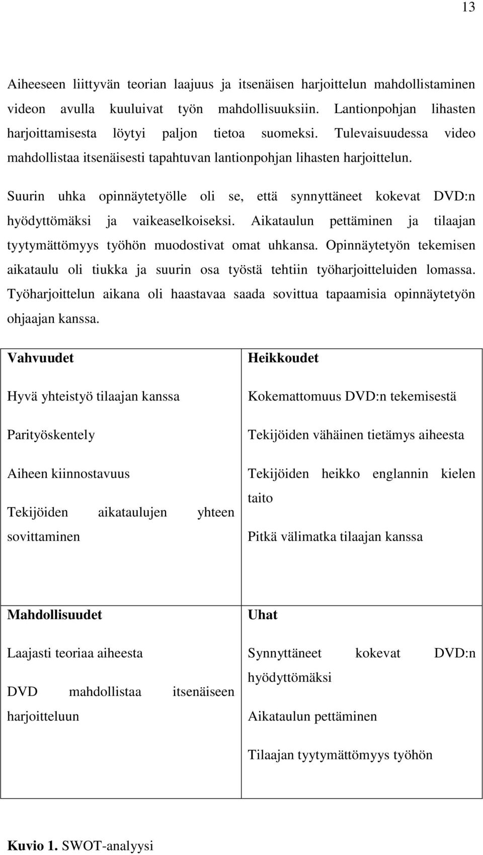 Aikataulun pettäminen ja tilaajan tyytymättömyys työhön muodostivat omat uhkansa. Opinnäytetyön tekemisen aikataulu oli tiukka ja suurin osa työstä tehtiin työharjoitteluiden lomassa.