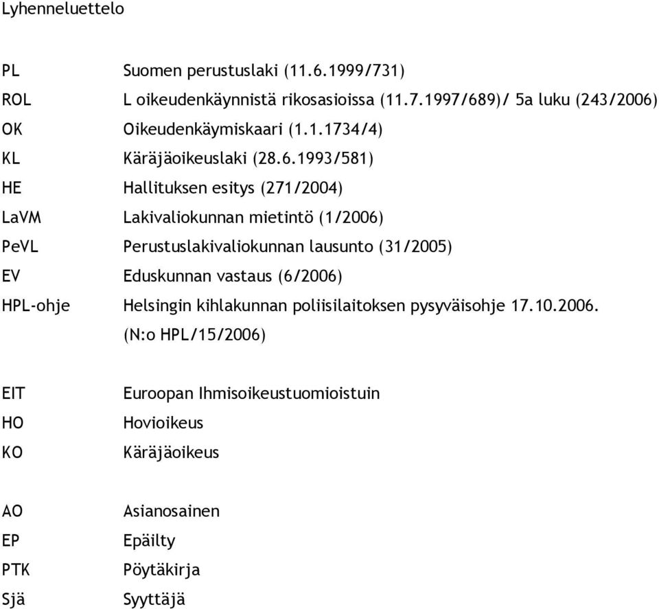 1993/581) HE Hallituksen esitys (271/2004) LaVM Lakivaliokunnan mietintö (1/2006) PeVL Perustuslakivaliokunnan lausunto (31/2005) EV