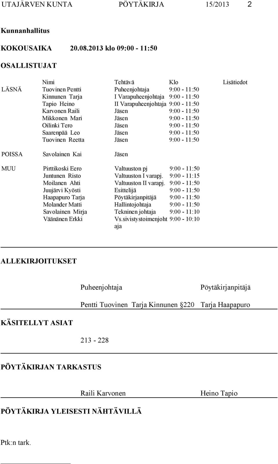 Karvonen Raili Jäsen 9:00-11:50 Mikkonen Mari Jäsen 9:00-11:50 Oilinki Tero Jäsen 9:00-11:50 Saarenpää Leo Jäsen 9:00-11:50 Tuovinen Reetta Jäsen 9:00-11:50 POISSA Savolainen Kai Jäsen MUU