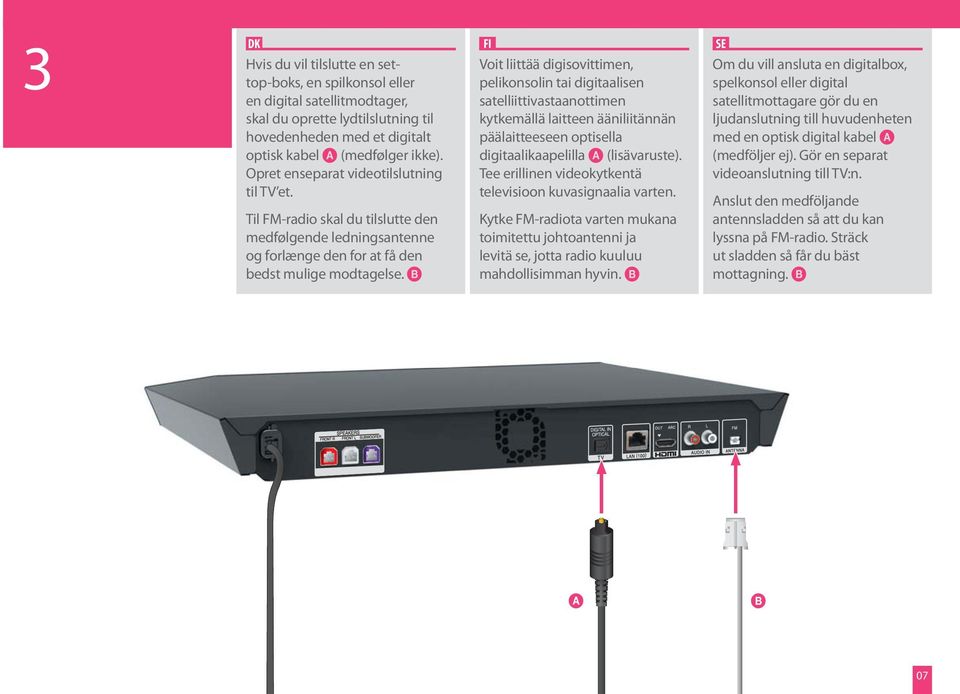 Voit liittää digisovittimen, pelikonsolin tai digitaalisen satelliittivastaanottimen kytkemällä laitteen ääniliitännän päälaitteeseen optisella digitaalikaapelilla (lisävaruste).