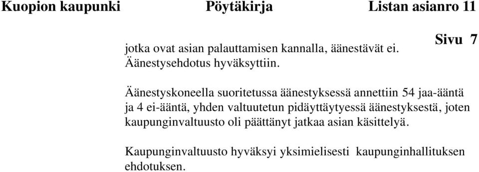 yhden valtuutetun pidäyttäytyessä äänestyksestä, joten kaupunginvaltuusto oli päättänyt