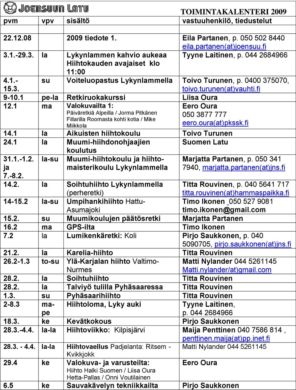 1 ma Valokuvailta 1: Eero Oura Päiväretkiä Alpeilla / Jorma Pitkänen 050 3877 777 Fillarilla Roomasta kohti kotia / Mike Miikkola eero.oura(at)pkssk.fi 14.1 la Aikuisten hiihtokoulu Toivo Turunen 24.