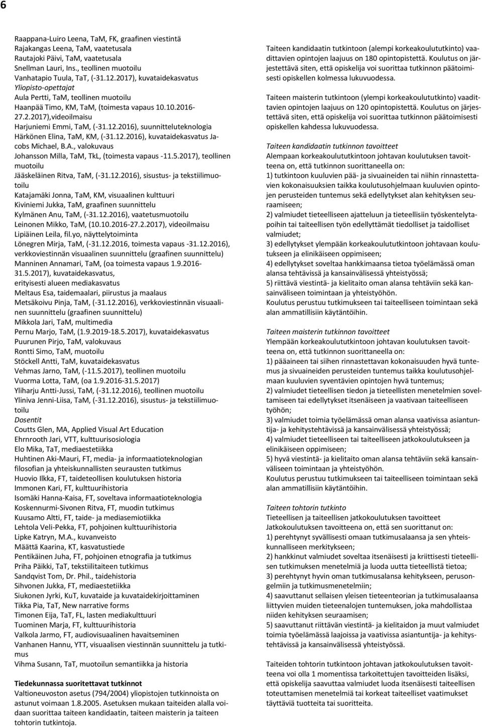 2016), suunnitteluteknologia Härkönen Elina, TaM, KM, (-31.12.2016), kuvataidekasvatus Jacobs Michael, B.A., valokuvaus Johansson Milla, TaM, TkL, (toimesta vapaus -11.5.