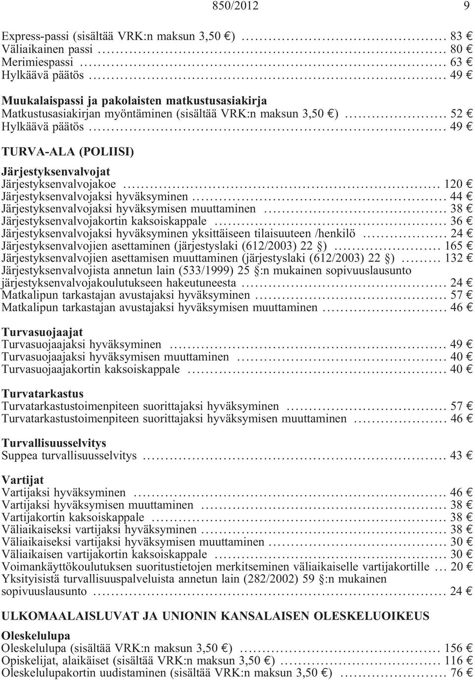 .. 49 TURVA-ALA (POLIISI) Järjestyksenvalvojat Järjestyksenvalvojakoe... 120 Järjestyksenvalvojaksi hyväksyminen... 44 Järjestyksenvalvojaksi hyväksymisen muuttaminen.