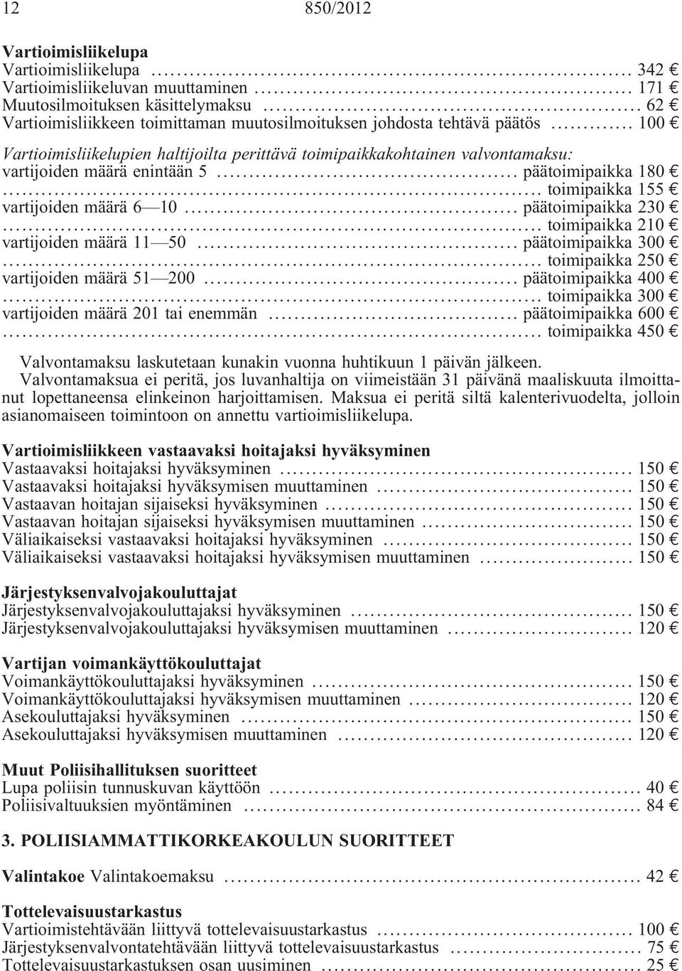 .. päätoimipaikka 180... toimipaikka 155 vartijoiden määrä 6 10... päätoimipaikka 230... toimipaikka 210 vartijoiden määrä 11 50... päätoimipaikka 300... toimipaikka 250 vartijoiden määrä 51 200.