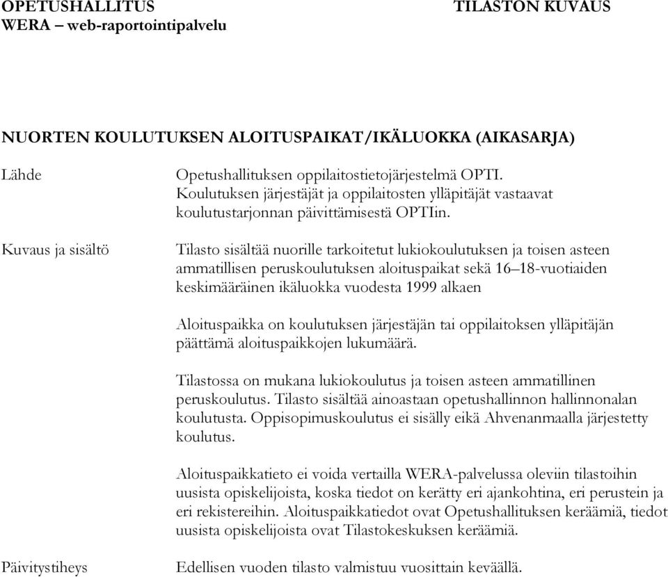 on koulutuksen järjestäjän tai oppilaitoksen ylläpitäjän päättämä aloituspaikkojen lukumäärä. Tilastossa on mukana lukiokoulutus ja toisen asteen ammatillinen peruskoulutus.