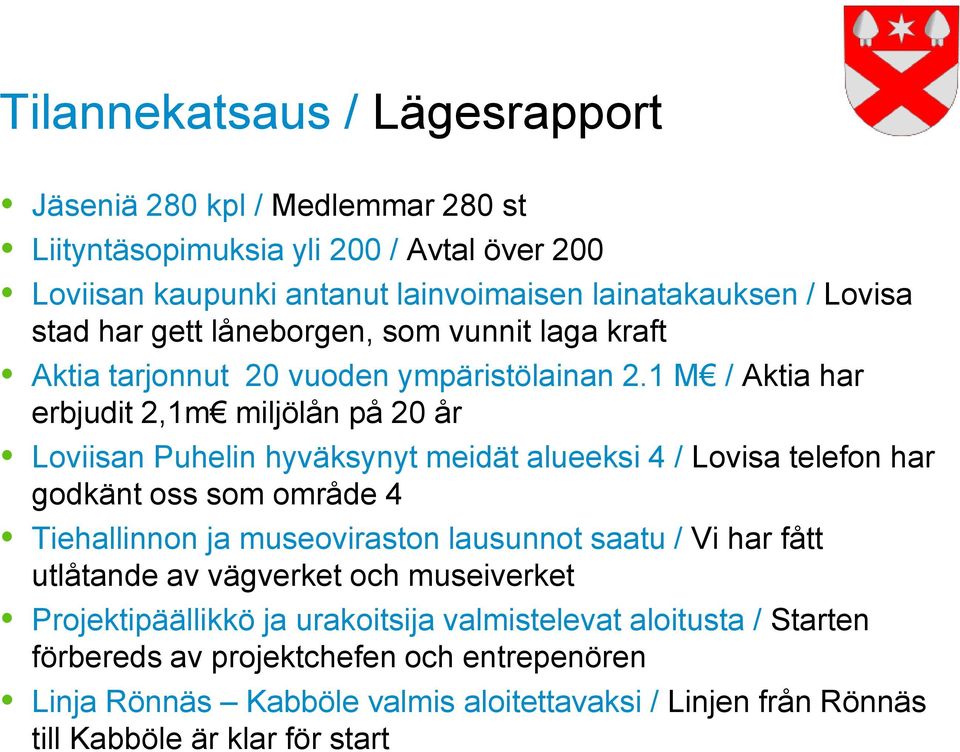 1 M / Aktia har erbjudit 2,1m miljölån på 20 år Loviisan Puhelin hyväksynyt meidät alueeksi 4 / Lovisa telefon har godkänt oss som område 4 Tiehallinnon ja museoviraston