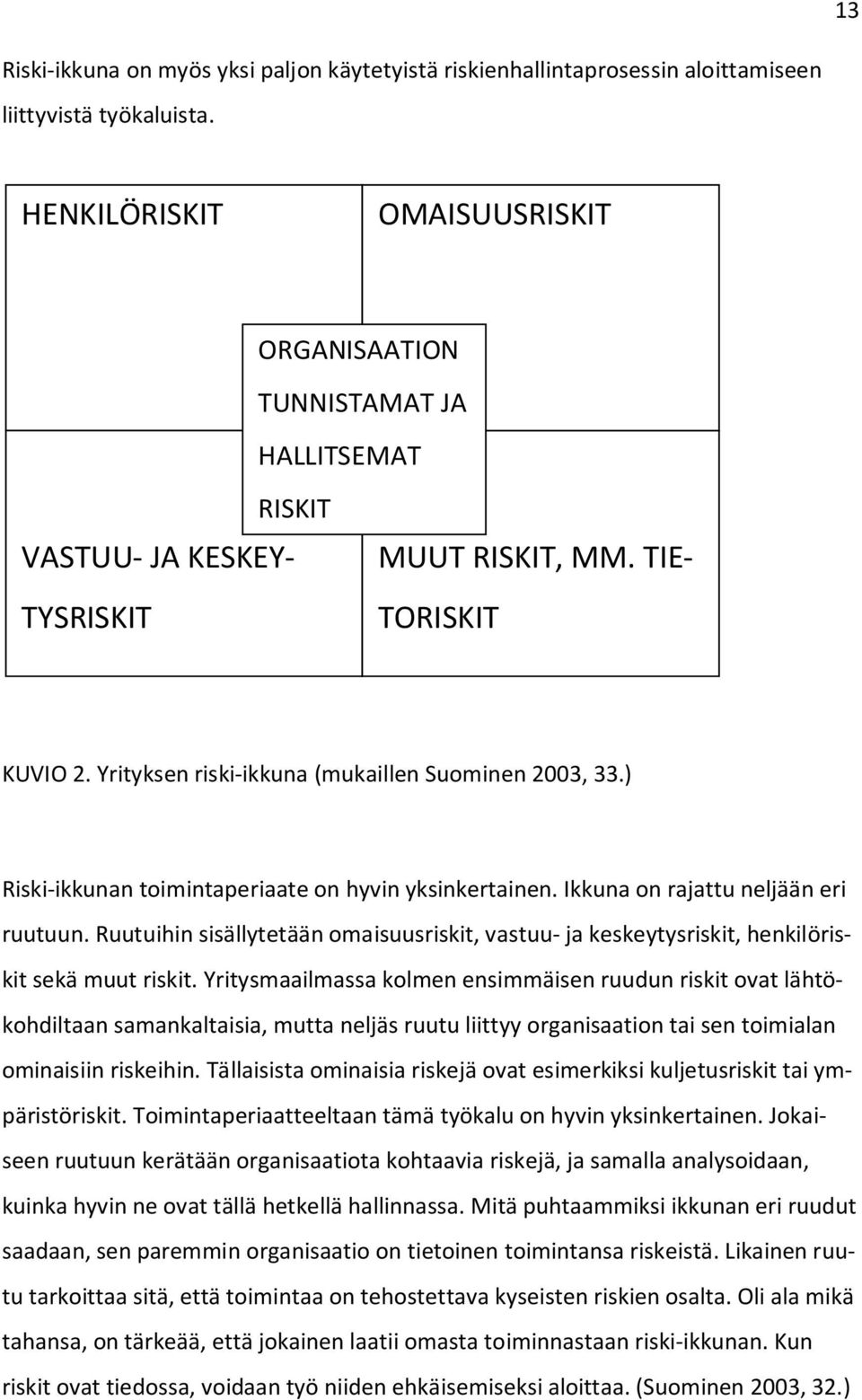 ) Riski-ikkunan toimintaperiaate on hyvin yksinkertainen. Ikkuna on rajattu neljään eri ruutuun. Ruutuihin sisällytetään omaisuusriskit, vastuu- ja keskeytysriskit, henkilöriskit sekä muut riskit.