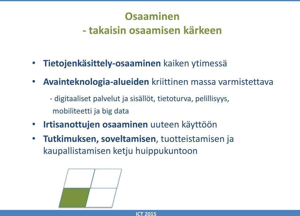 sisällöt, tietoturva, pelillisyys, mobiliteetti ja big data Irtisanottujen osaaminen