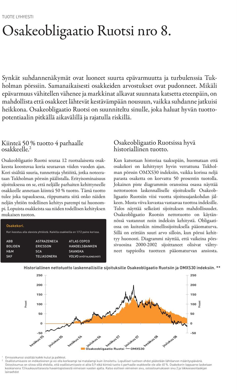 Osakeobligaatio Ruotsi on suunniteltu sinulle, joka haluat hyvän tuottopotentiaalin pitkällä aikavälillä ja rajatulla riskillä. Kiinteä 50 % tuotto 4 parhaalle osakkeelle.