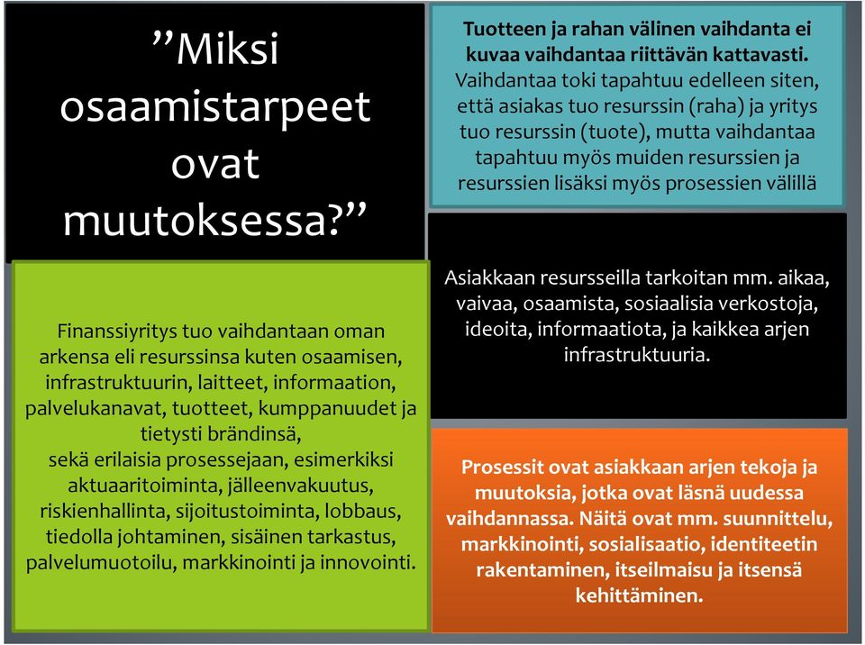 prosessejaan, esimerkiksi aktuaaritoiminta, jälleenvakuutus, riskienhallinta, sijoitustoiminta, lobbaus, tiedolla johtaminen, sisäinen tarkastus, palvelumuotoilu, markkinointi ja innovointi.