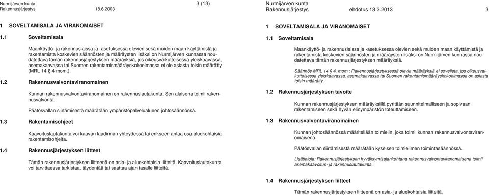 tämän rakennusjärjestyksen määräyksiä, jos oikeusvaikutteisessa yleiskaavassa, asemakaavassa tai Suomen rakentamismääräyskokoelmassa ei ole asiasta toisin määrätty (MRL 14