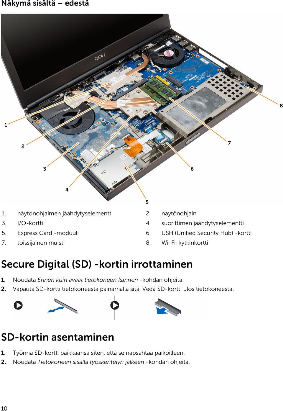 Wi-Fi-kytkinkortti Secure Digital (SD) -kortin irrottaminen 1. Noudata Ennen kuin avaat tietokoneen kannen -kohdan ohjeita. 2.