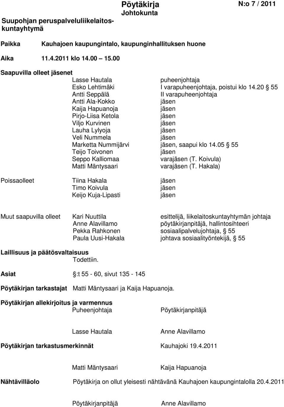 20 55 Antti Seppälä II varapuheenjohtaja Antti Ala-Kokko Kaija Hapuanoja Pirjo-Liisa Ketola Viljo Kurvinen Lauha Lylyoja Veli Nummela Marketta Nummijärvi, saapui klo 14.