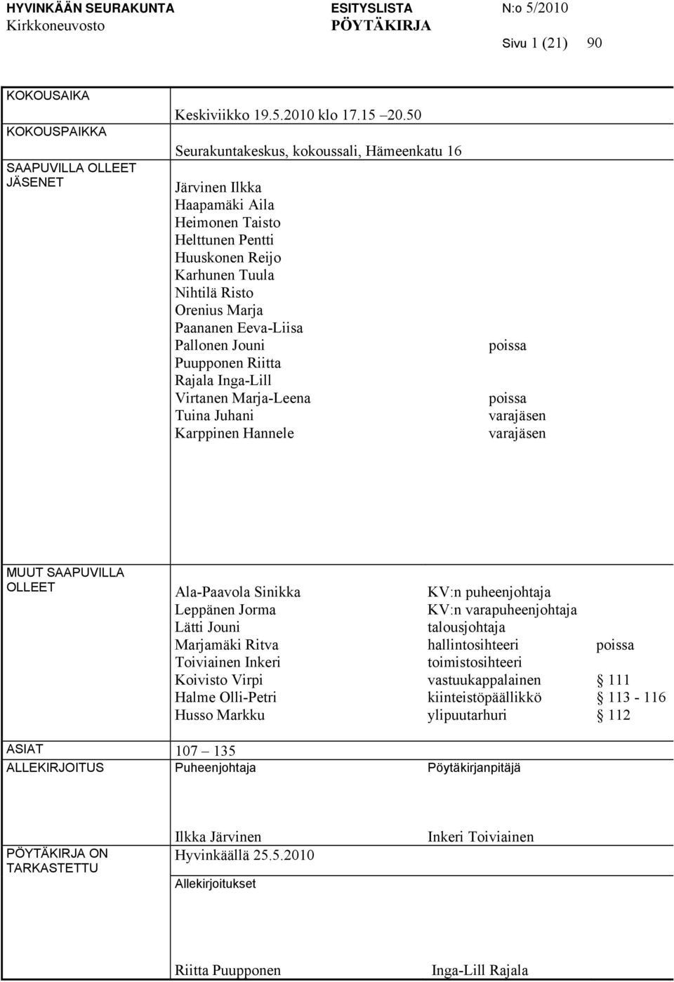 Jouni Puupponen Riitta Rajala Inga-Lill Virtanen Marja-Leena Tuina Juhani Karppinen Hannele poissa poissa varajäsen varajäsen MUUT SAAPUVILLA OLLEET Ala-Paavola Sinikka Leppänen Jorma Lätti Jouni