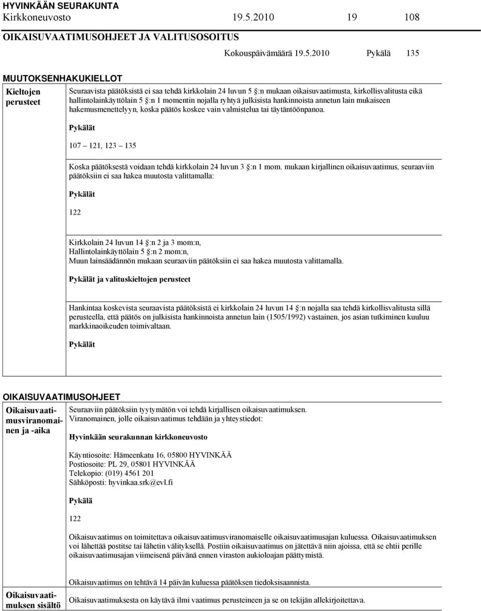 2010 Pykälä 135 MUUTOKSENHAKUKIELLOT Kieltojen perusteet Seuraavista päätöksistä ei saa tehdä kirkkolain 24 luvun 5 :n mukaan oikaisuvaatimusta, kirkollisvalitusta eikä hallintolainkäyttölain 5 :n 1