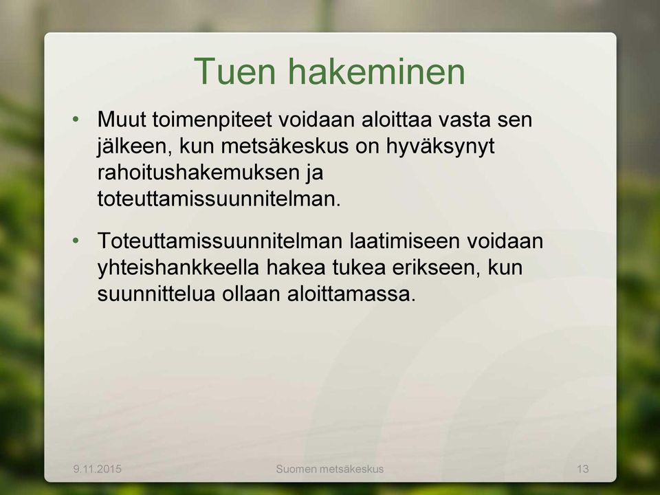 Toteuttamissuunnitelman laatimiseen voidaan yhteishankkeella hakea tukea