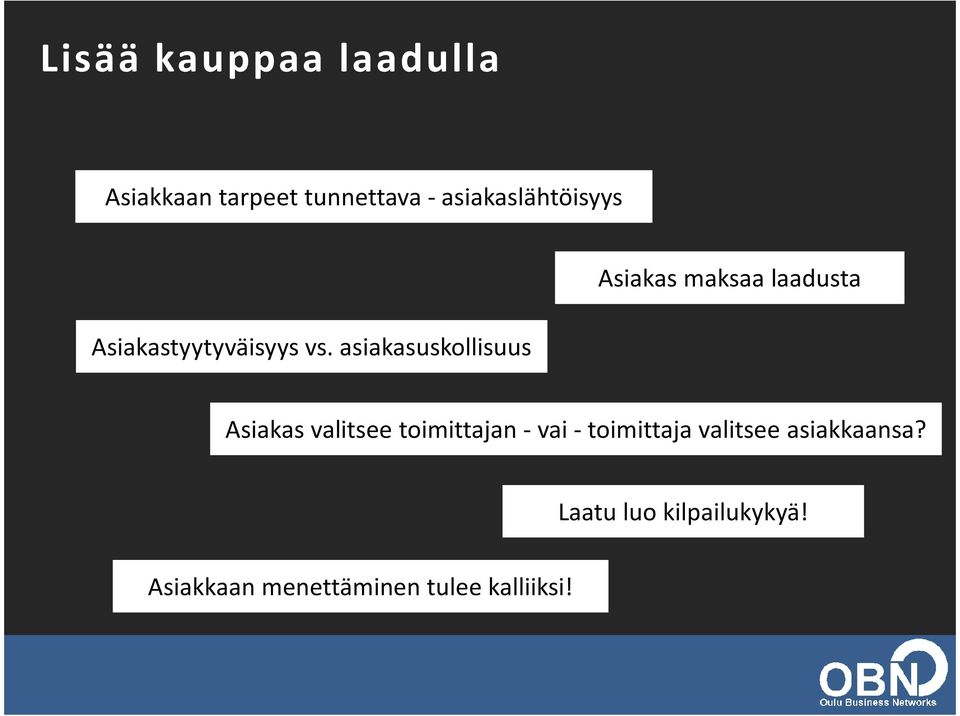 asiakasuskollisuus Asiakas maksaa laadusta Asiakas valitsee