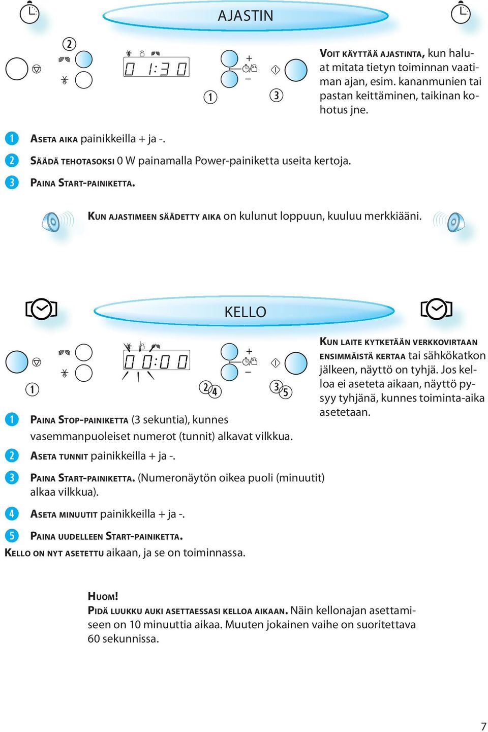 KELLO PAINA STOP-PAINIKETTA (3 sekuntia), kunnes vasemmanpuoleiset numerot (tunnit) alkavat vilkkua. ASETA TUNNIT painikkeilla + ja -. PAINA START-PAINIKETTA.