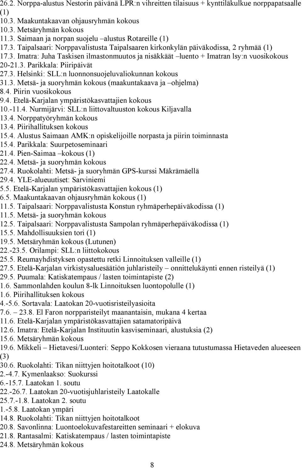 3. Helsinki: SLL:n luonnonsuojeluvaliokunnan kokous 31.3. Metsä- ja suoryhmän kokous (maakuntakaava ja ohjelma) 8.4. Piirin vuosikokous 9.4. Etelä-Karjalan ympäristökasvattajien kokous 10.-11.4. Nurmijärvi: SLL:n liittovaltuuston kokous Kiljavalla 13.