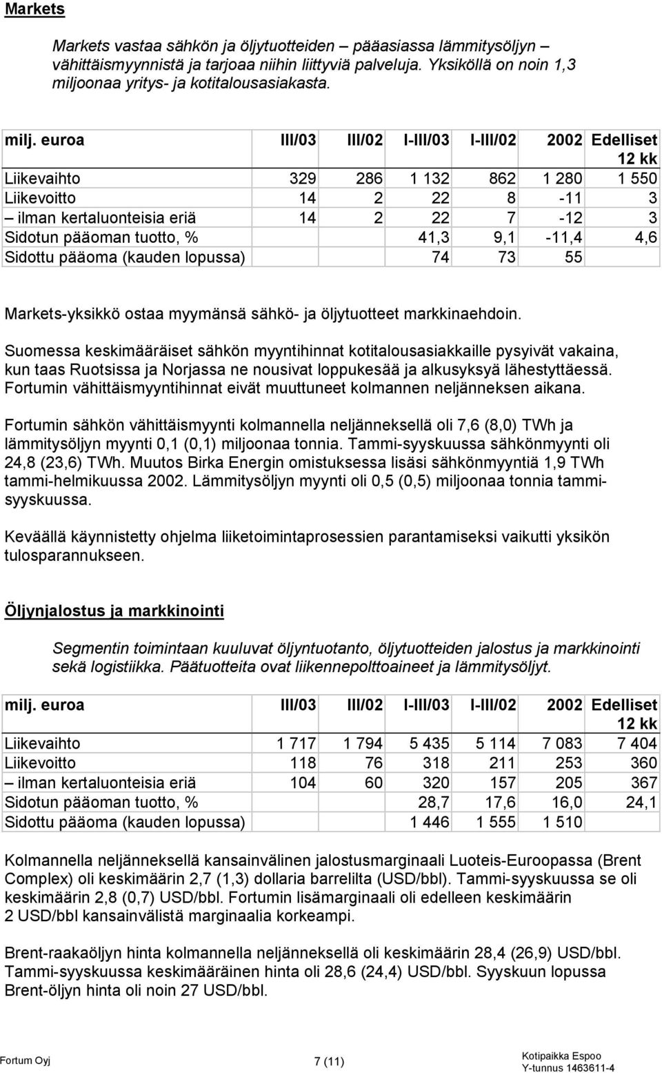 euroa III/03 III/02 I-III/03 I-III/02 2002 Edelliset Liikevaihto 329 286 1 132 862 1 280 1 550 Liikevoitto 14 2 22 8-11 3 ilman kertaluonteisia eriä 14 2 22 7-12 3 Sidotun pääoman tuotto, % 41,3