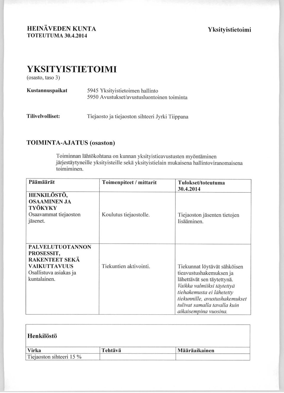 hallintoviranomaisena toimiminen. Päämäärät Toimenpiteet / mittarit Tulokset/toteutuma 30.4.2014 HENKILÖSTÖ, OSAAMINEN JA T Y Ö K Y K Y Osaavammat tiejaoston Koulutus tiejaostolle.